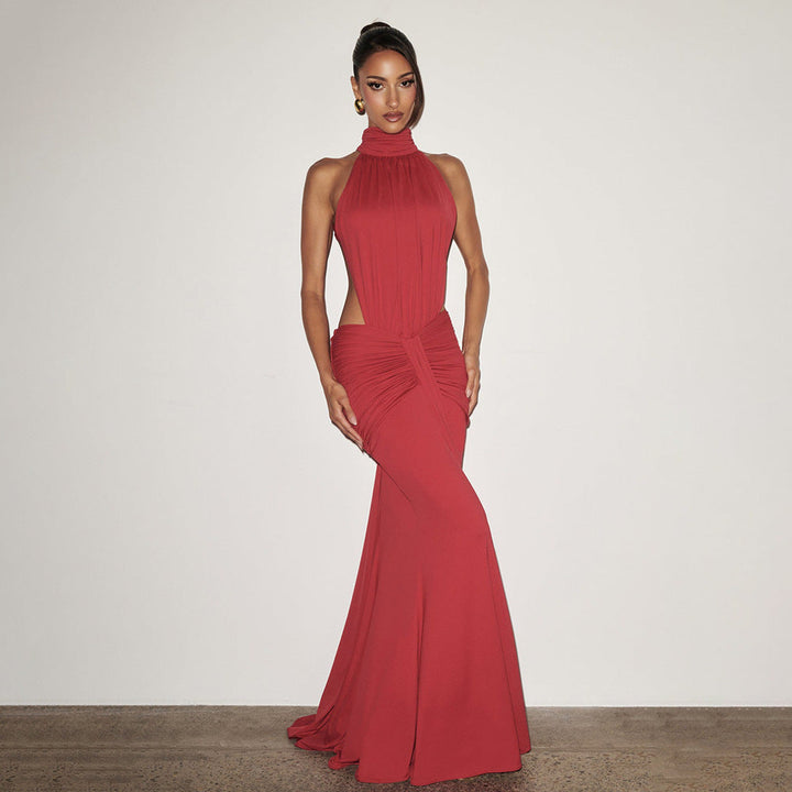 Halter Pleated Slim Fit Maxi Dress High Neck Sexy Backless Cocktail Dress