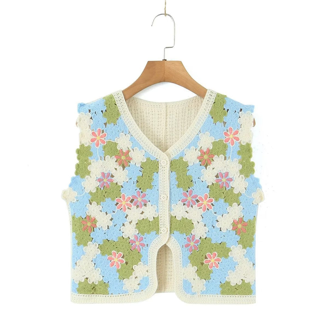 Women Retro Thailand Holiday Floral Vest Cardigan Top Casual All Matching Graceful