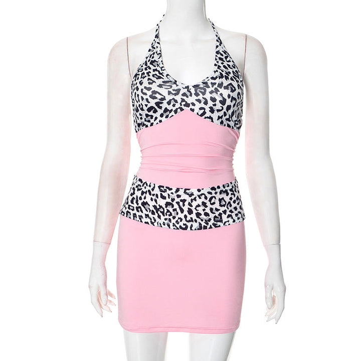Women Clothing Spring Summer Lace up Halter Deep V Plunge neck Leopard Print Stitching Pleated Sheath Dress