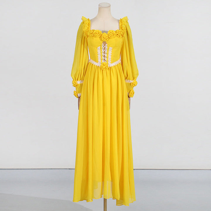 Private Clothing Socialite Summer Sexy Square Collar Three Dimensional Floral Decoration Drawstring Lantern Sleeve Dress Women