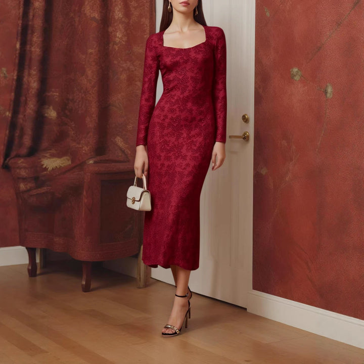 Spring Dress Elegant Slim Fit Square Collar Lace Long Sleeve Dress