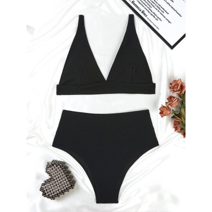 Solid Color High Waist Sunken Stripe Bikini Sexy Swimsuit Women Split Special Fabric Swimsuit