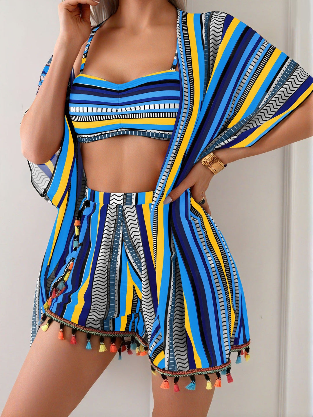 Sun Protective Blouse Sexy Tassel Bikini Four Piece Set Swimsuit Set