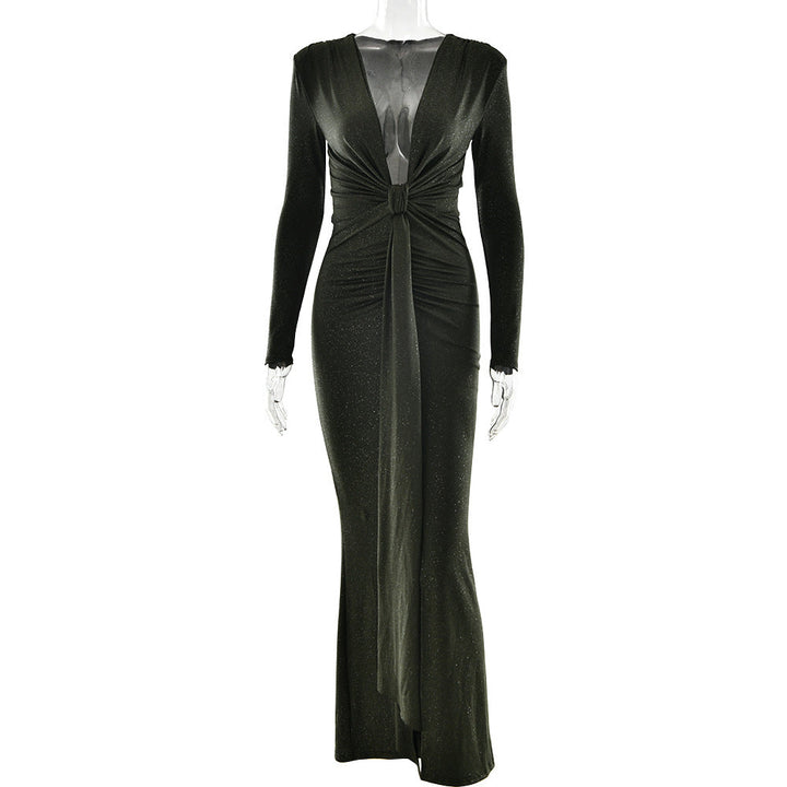 Autumn Winter Sexy Deep V Plunge neck Ribbon Dress Sexy Slit Slim Fitting Dress