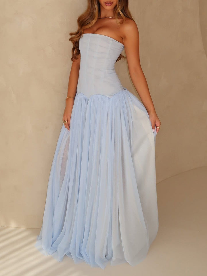 Light Blue Mesh Tube Top Maxi Dress Beach Vacations Summer Women Flowy Ethereal Light Luxury Gown Wedding Photos