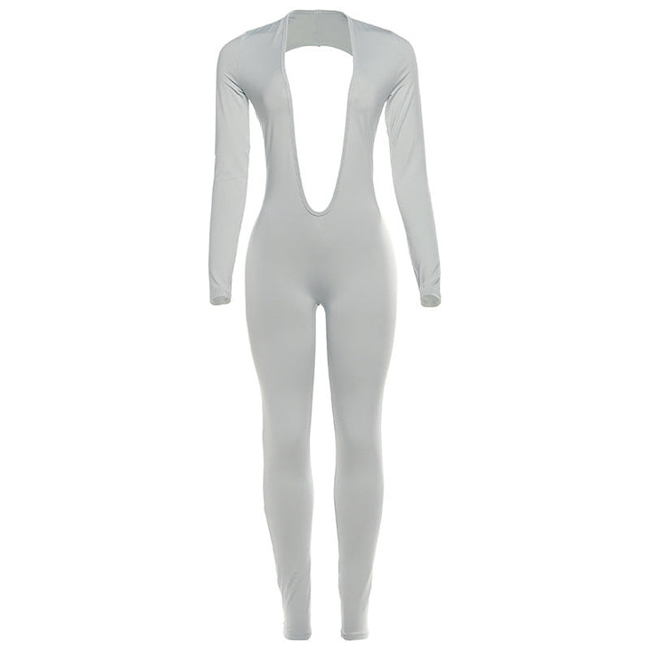 Fall Women Clothing Sexy Backless Deep V Plunge Long Sleeve Solid Color Tight Jumpsuit