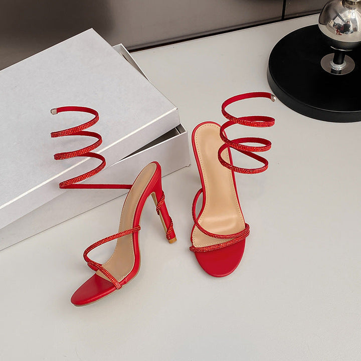 Summer Snake Shaped Rhinestone High Heel Shoes Internet Celebrity Fairy Winding Stiletto Sandals Women
