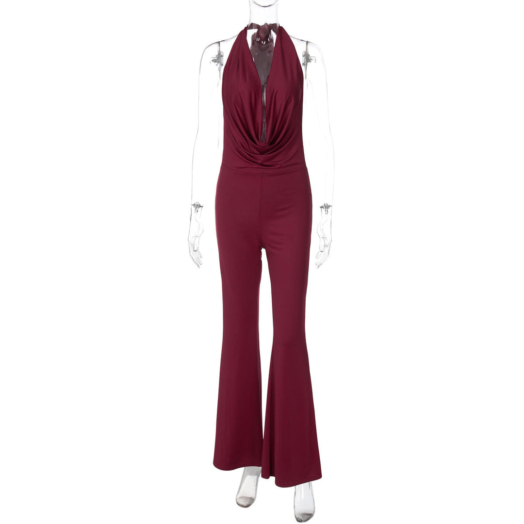 Women Clothing Autumn Solid Color Swing Collar Strap Halter Sexy Backless Slim Fit Jumpsuit Women