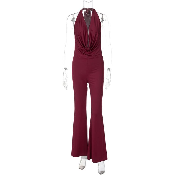 Women Clothing Autumn Solid Color Swing Collar Strap Halter Sexy Backless Slim Fit Jumpsuit Women