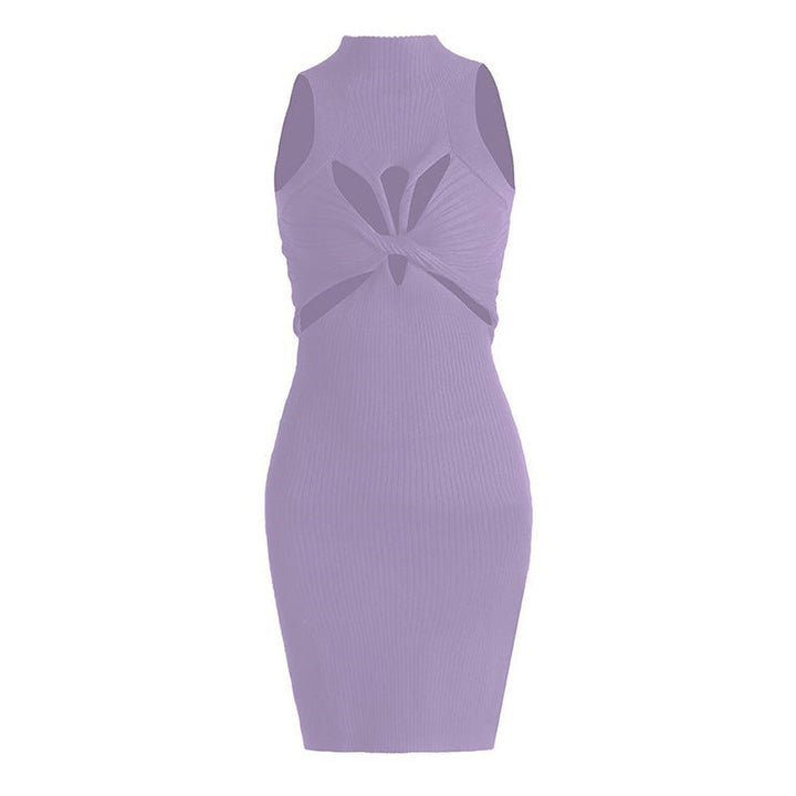 Sexy Sleeveless Elegant Design Hollow Out Cutout Twist Slim Fit Slimming Knitted Dress Women