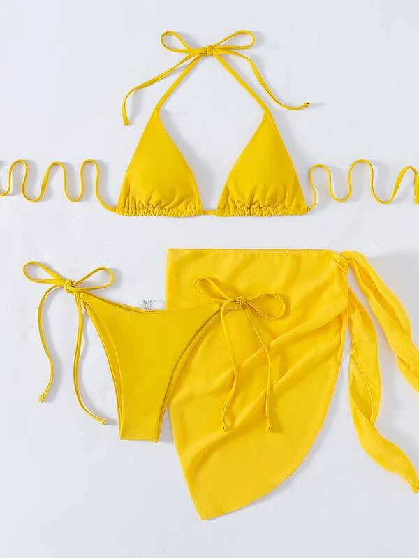 Solid Color Triangle Cup Bandage Sexy Bikini Three Piece Swimsuit