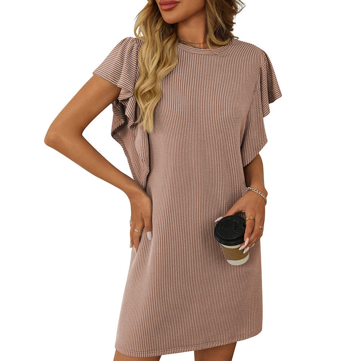 Summer Women Clothing Contrast Color Twist Strip Ruffle Sleeve Mid Length Dress