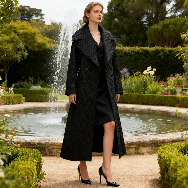 Women French Long Sleeve Loose Diamond Coat Autumn High Sense Show Thin Black Windbreaker