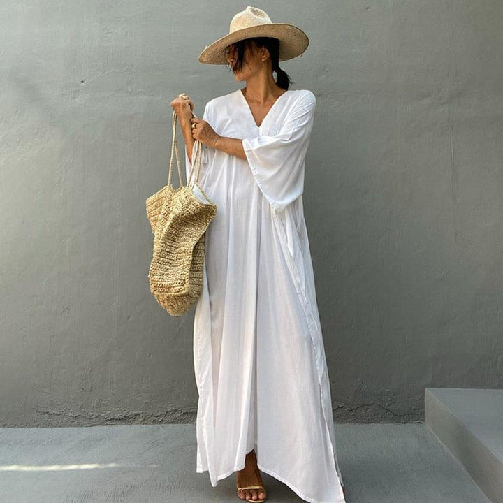 Rayon Loose Robe Beach Cover Up Sexy V Neck Headband Belt Sun Protection Dress Women