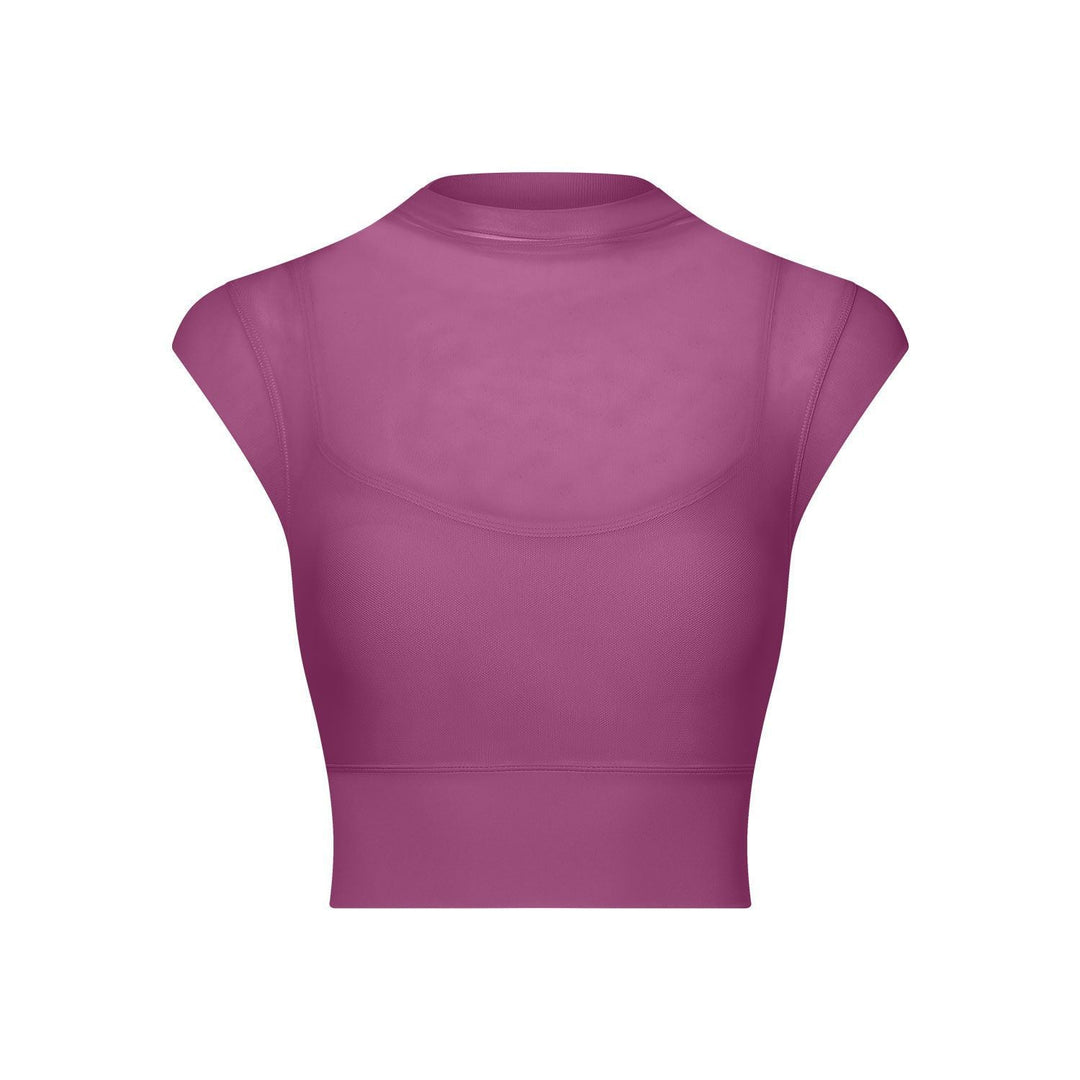Sexy Mesh Yoga Clothes Flounced Sleeve Running Quick Drying Sports Bra with Chest Pad One Piece Cup Workout Clothes Top