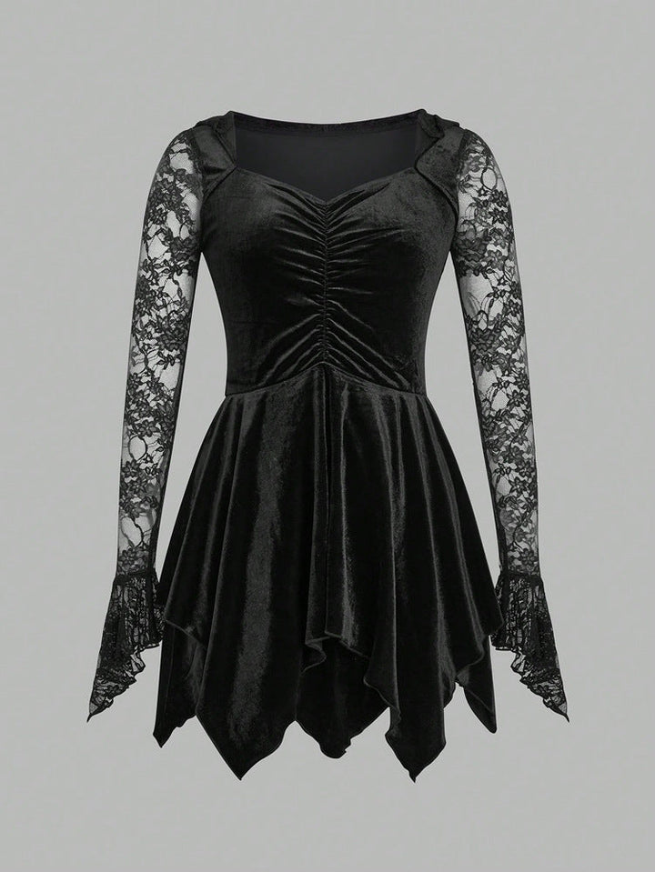Gothic Vintage Lace Stitching Women Dress Gothic Bandage Ladies Long Sleeve Velvet Dress