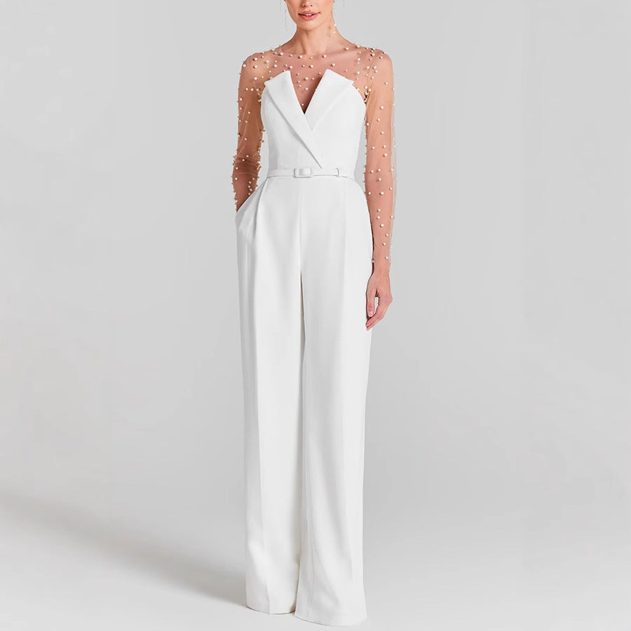 Spring Summer Long Sleeve Inner Wear Bubble Beads Stitching Jumpsuit Casual Women Jumpsuit