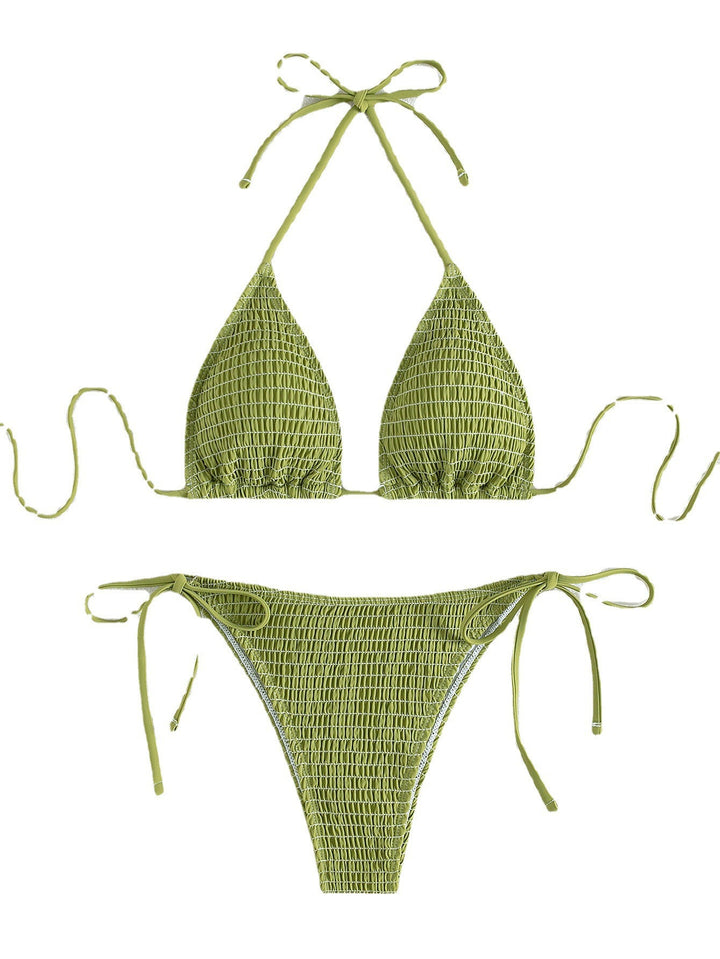 Printing Halter Spaghetti Straps Sexy Bikini Pleated Lace up Triangle Spring Split Swimsuit