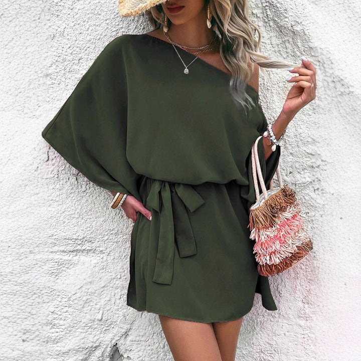 Women Clothing Satin off Shoulder Satin Dress Asymmetric High Waist Dress
