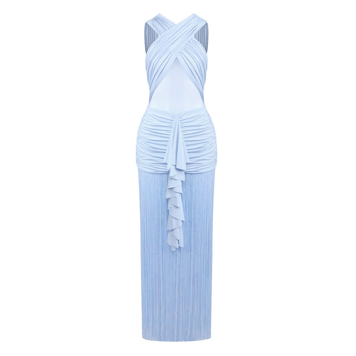 Women Clothing Sexy Solid Color Sling See through Mesh Pleats Cross Dress Vacation