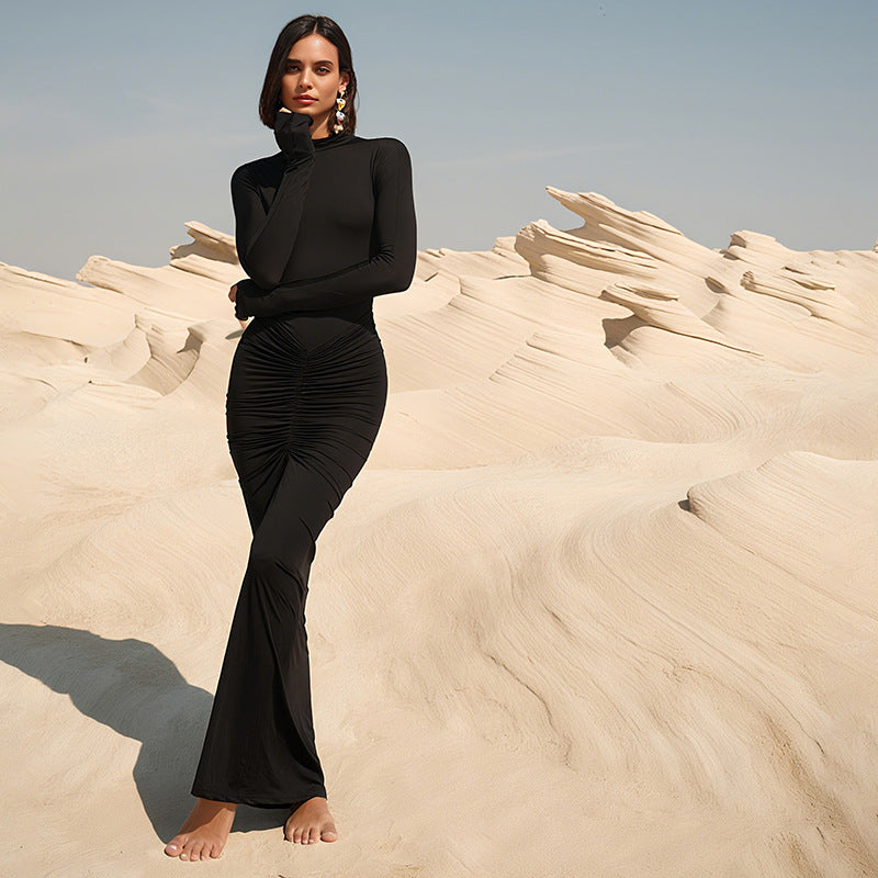 Women Clothing Autumn Solid Color Elegant Slim Slimming Pleated Turtleneck Long Sleeve Dress