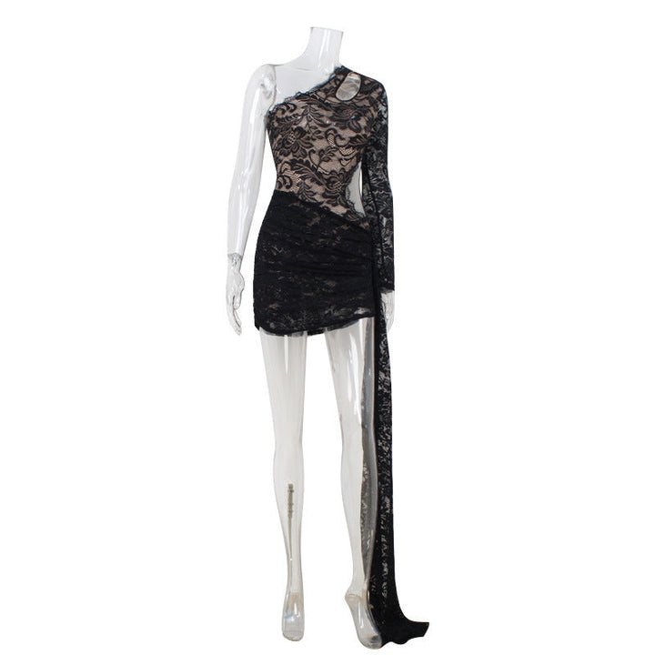 Spring Summer Diagonal Collar Sexy Lace Close Fitting Slim Fitting Sheath Dress Red Carpet Performance Dress