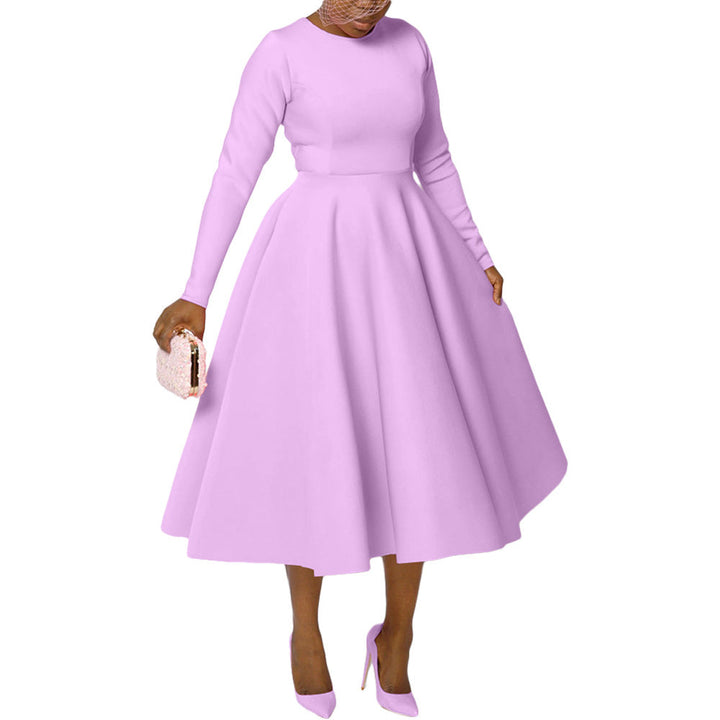 Women Clothing Solid Color round Neck Long Sleeve Flat Part of Knife Large Swing Dress