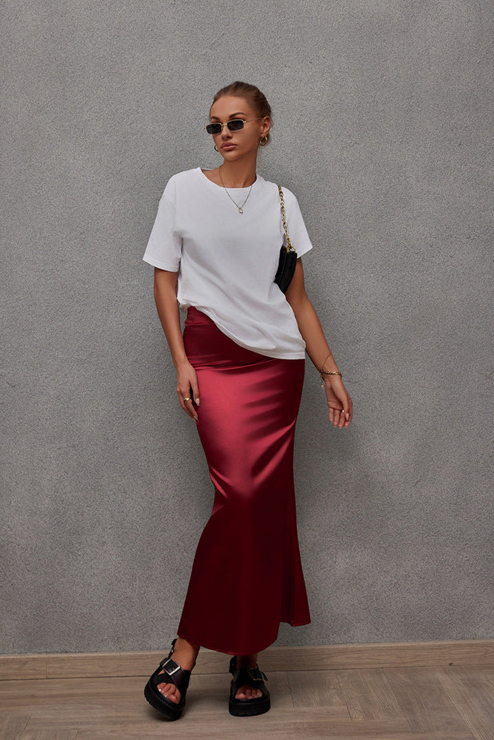 Spring Summer Artificial Silk Skirt Satin Skirt Women Casual Satin Hip Skirt