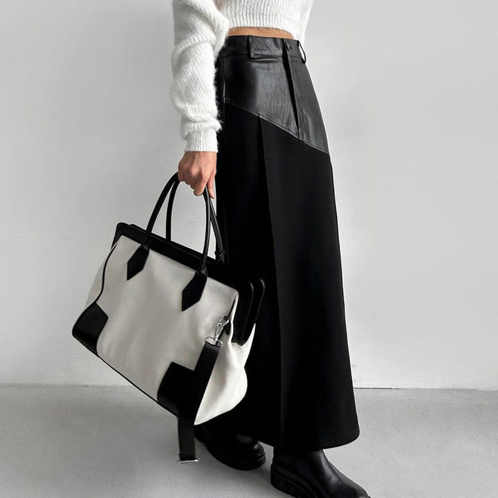 Women Clothing Retro Faux Leather Stitching Design Half Length Skirt Women Wild High Waist Slit Hip Skirt