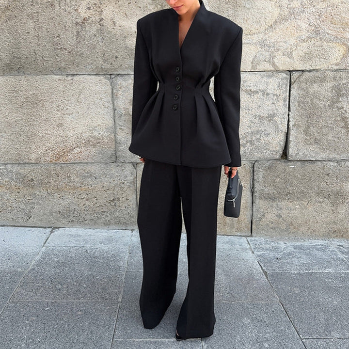 Women Clothing Fall Black High Grade Long Sleeved V neck Pleated Waist Tight Blazer Trousers Two Piece Set