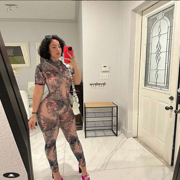 Summer Women Clothing Sexy See through Mesh Floral Print Hollow Out Cutout Backless Tight Casual Jumpsuit