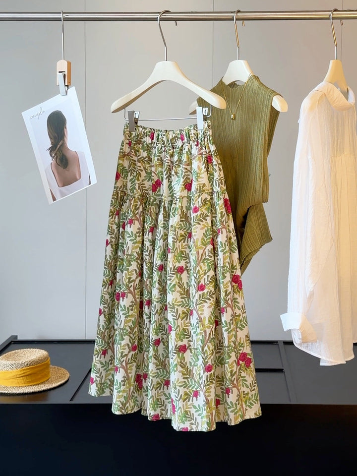Plant Print Skirt Women Summer High Waist Slimming A line Unique Chic Maxi Skirt