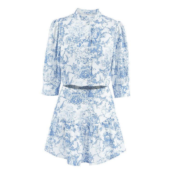 Chinese Small Stand Collar Printed Slim Fit Short Sleeves Skirt Set Autumn Two Piece Set for Women