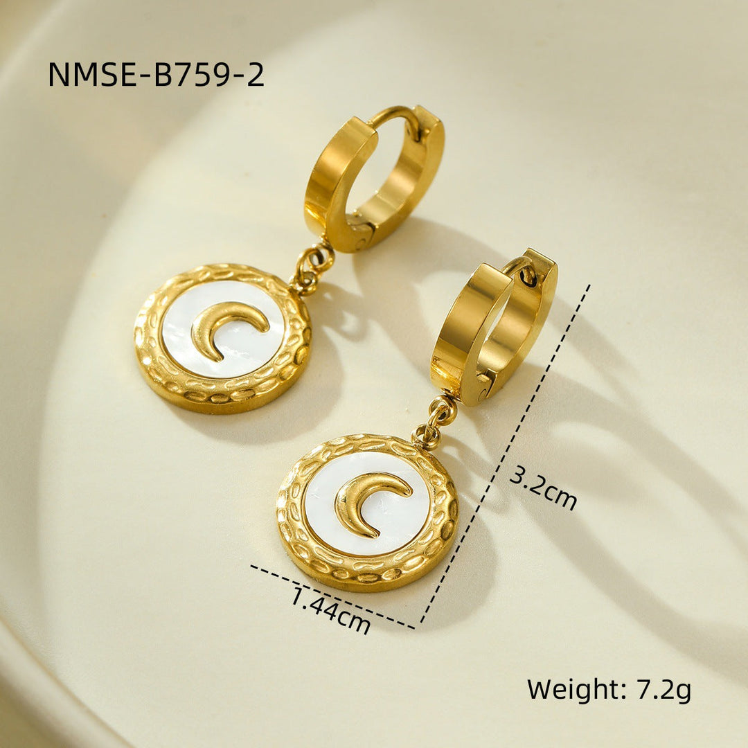 18K Stainless Steel Shell Moon Necklace Niche Retro Easy Matching Embellished Titanium Steel Necklace Earrings