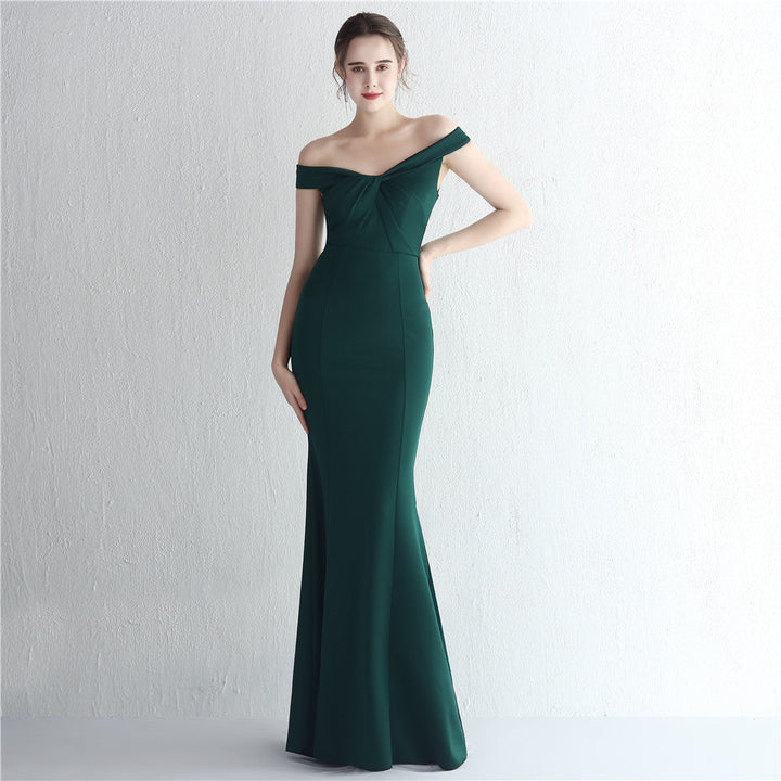 Satin Slim off Shoulder Long Debutante Gala Dinner Slimming Fishtail Wedding Car Model Show Dress