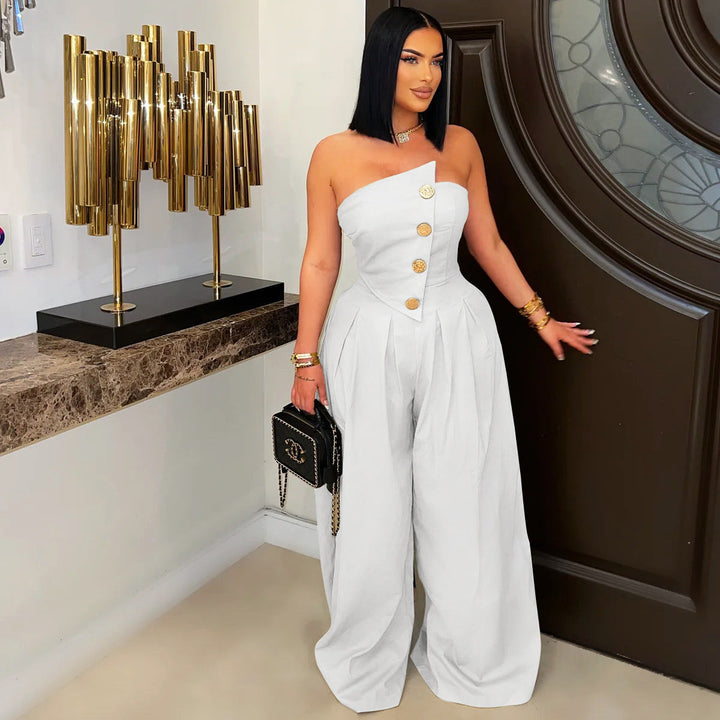 Women Wear Sexy Tube Top Sleeveless Metal Button Wide Leg Jumpsuit