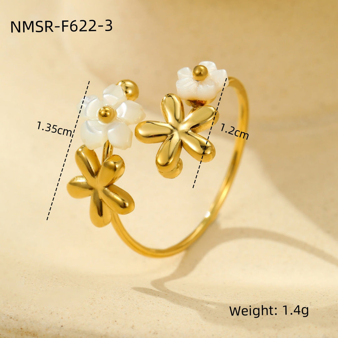 Floral 18K Gold Titanium Steel Ring Niche High Sense White Lip Shell Inlaid Zircon Women Ring