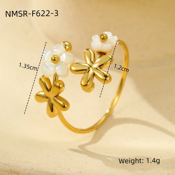 Floral 18K Gold Titanium Steel Ring Niche High Sense White Lip Shell Inlaid Zircon Women Ring