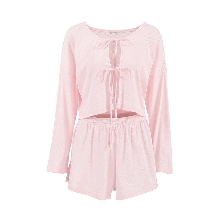 Loose Lace up Knitted Jacquard Home Wear Autumn Long Sleeve Shorts Comfort Casual Pajamas for Women