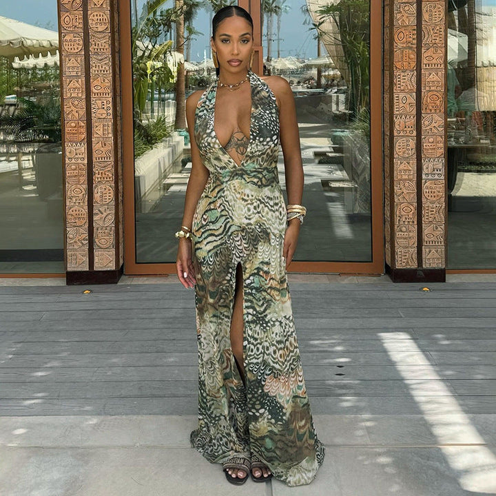 Women Clothing Elegant Halter Deep V Plunge neck Backless Waist Tight Slit Dress Abstract Printing Dress Women