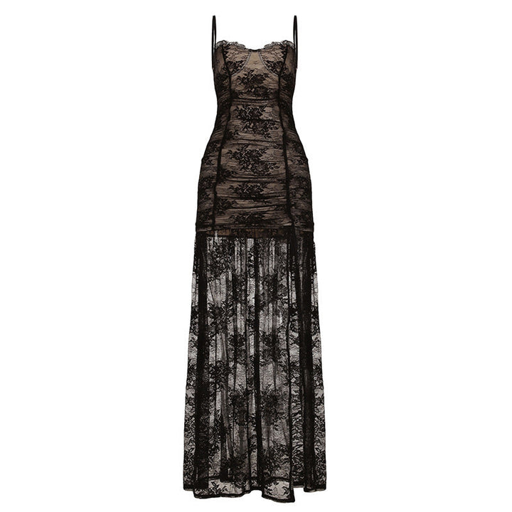 Women Clothing See through Lace Split Pleated Sling Elegant Dress Holiday Sheath Dress