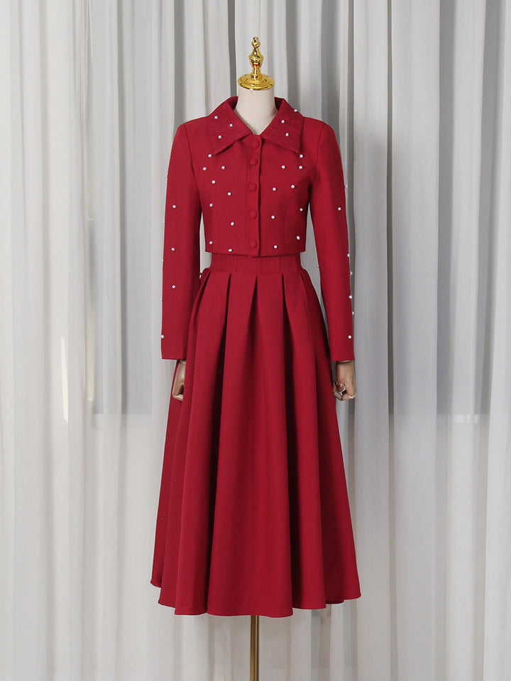 Spring Elegant Pleated Slim Maxi Dress Solid Color Beaded Collared Long Sleeve Two Piece Sets Women