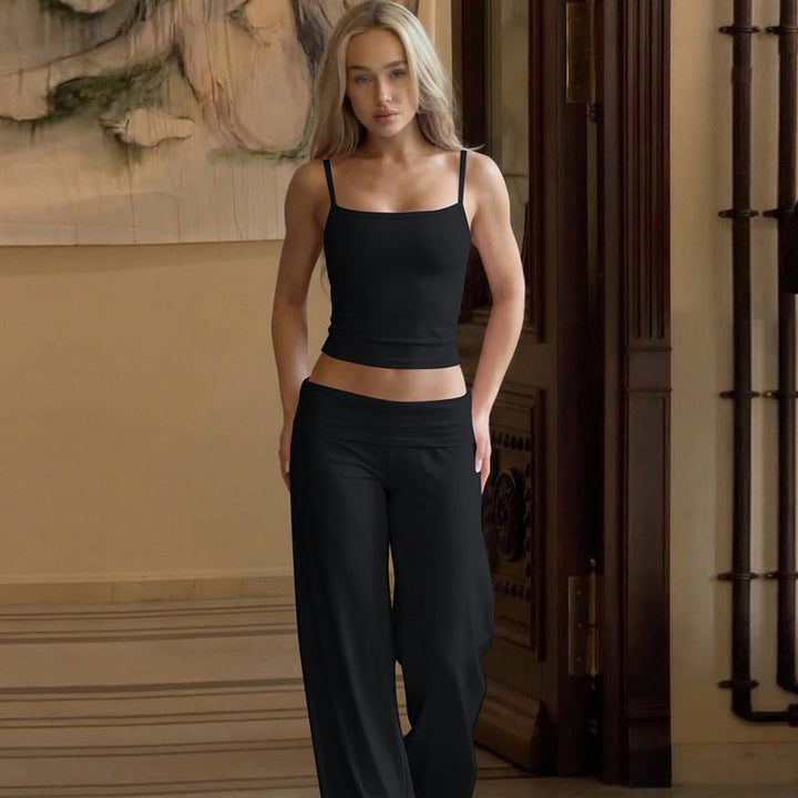Women Clothing Summer off Neck Sling Small Tank Top High Waist Straight Pants Two Piece Sets