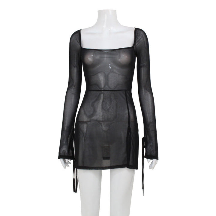 Summer Women Clothing Refreshing Slim Fit Square Collar Sexy Mesh See through Beach Cover Up Slim Fit Sexy