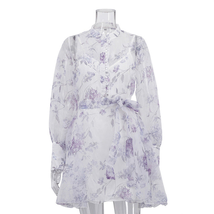 Women Elegant Stand Collar Long Sleeve Lace Printing A line Cami Dress