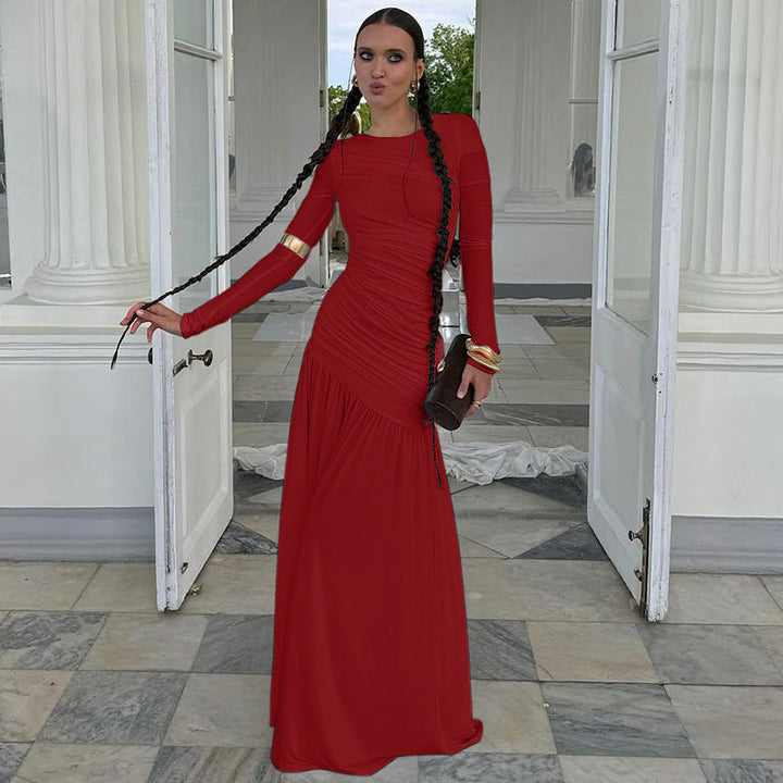 Best Seller in Women Clothing Summer Slim Fit Pleated round Neck Long Sleeved Dress Women