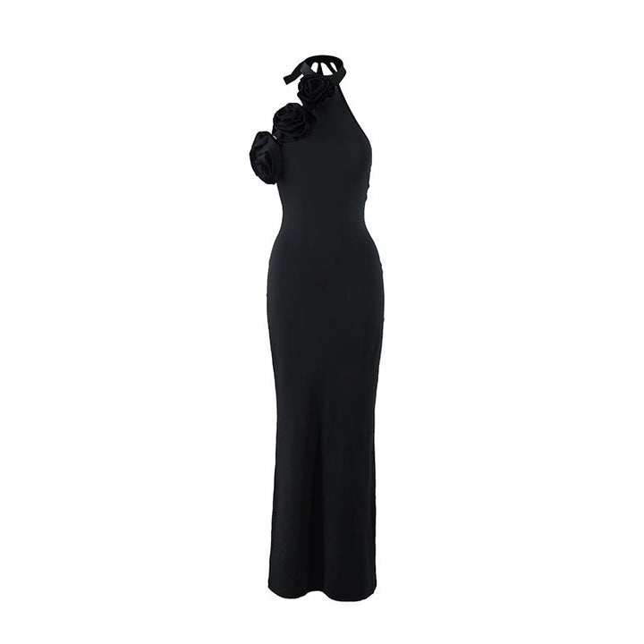 Women Clothing Three Dimensional Floral Sexy Halter Backless Split Dress