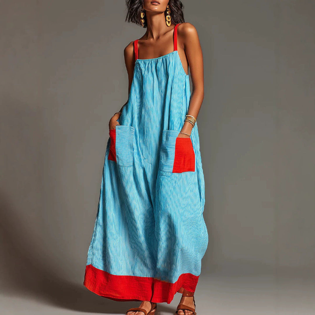 Striped Strap Dress Summer Elegant Travel Holiday Women Long