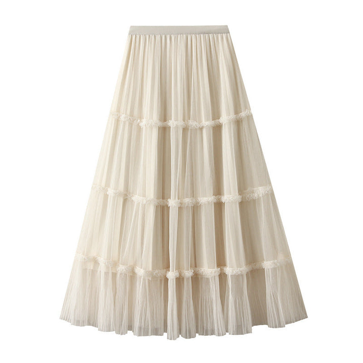 Fashionable Temperamental All Match A line Fairy Mesh Skirt for Women Autumn Large Swing Patchwork