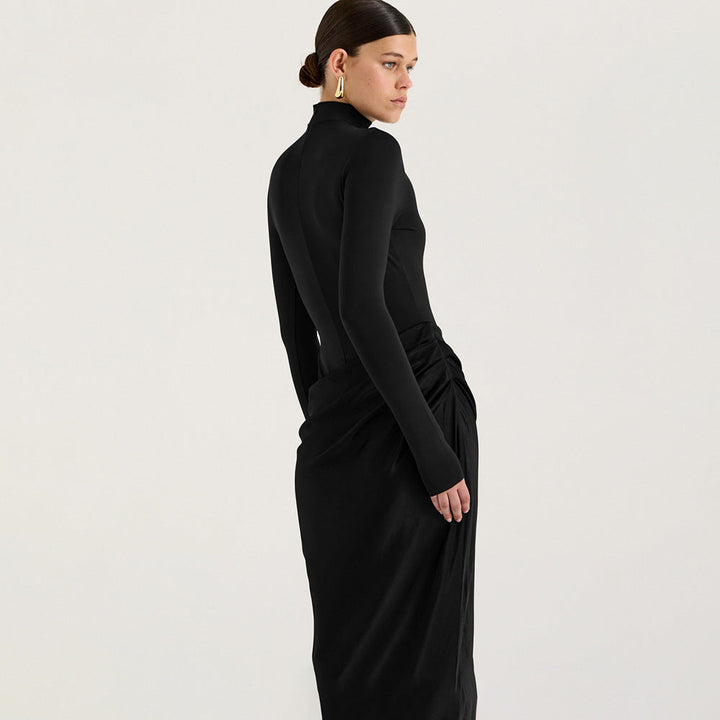 Summer Half High Collar Long Sleeves Dress Sexy Slim Fit Faux Two Piece Solid Color Dress